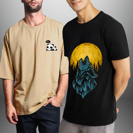 Pack Of 2 Men’s  Beige &  Black Graphic Printed T-Shirts-RKTMCO004