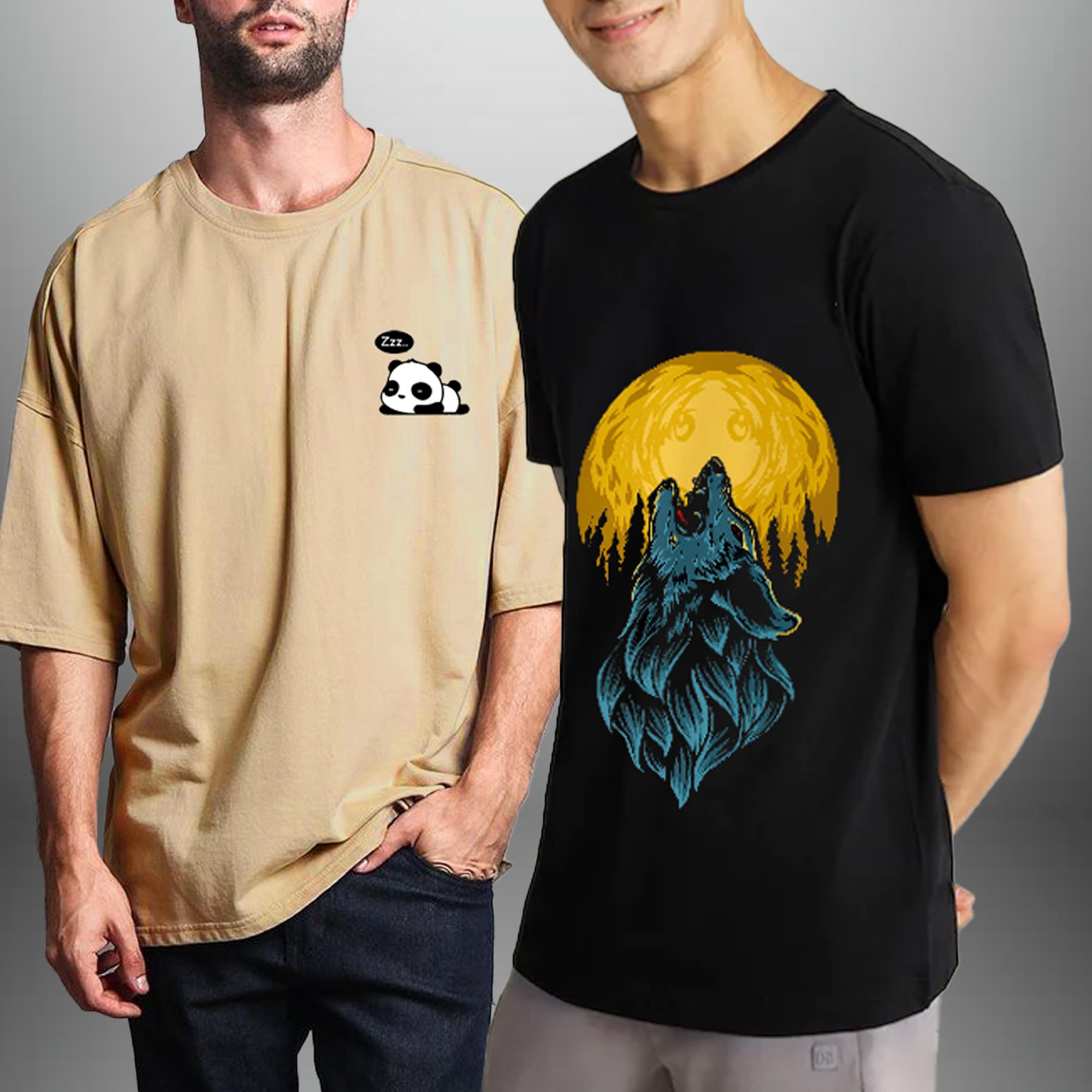 Pack Of 2 Men's  Beige &  Black Graphic Printed T-Shirts-RKTMCO004