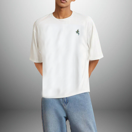 Men’s white round neck T-shirt with dragon motif-RKTM013