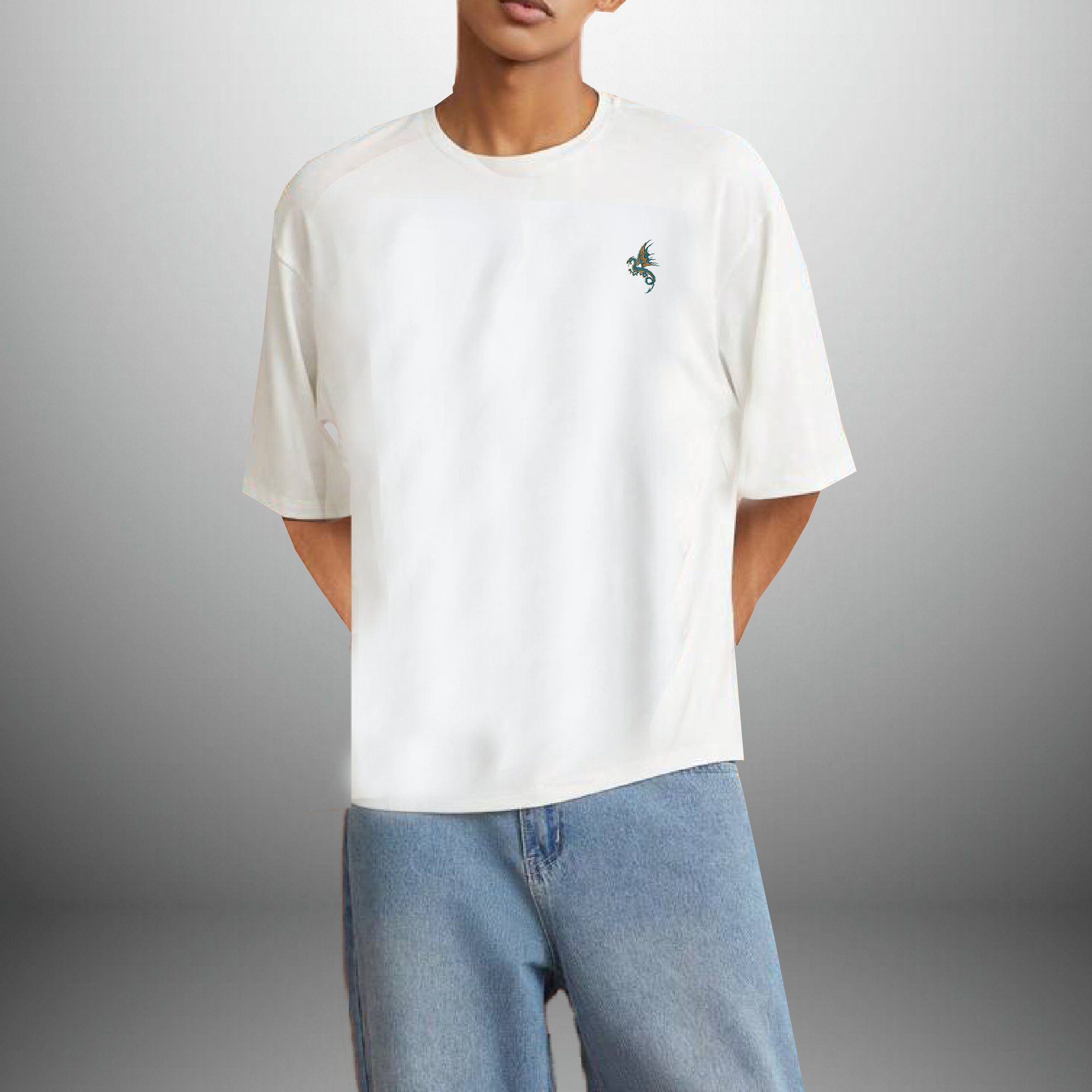 Men's white round neck T-shirt with dragon motif-RKTM013