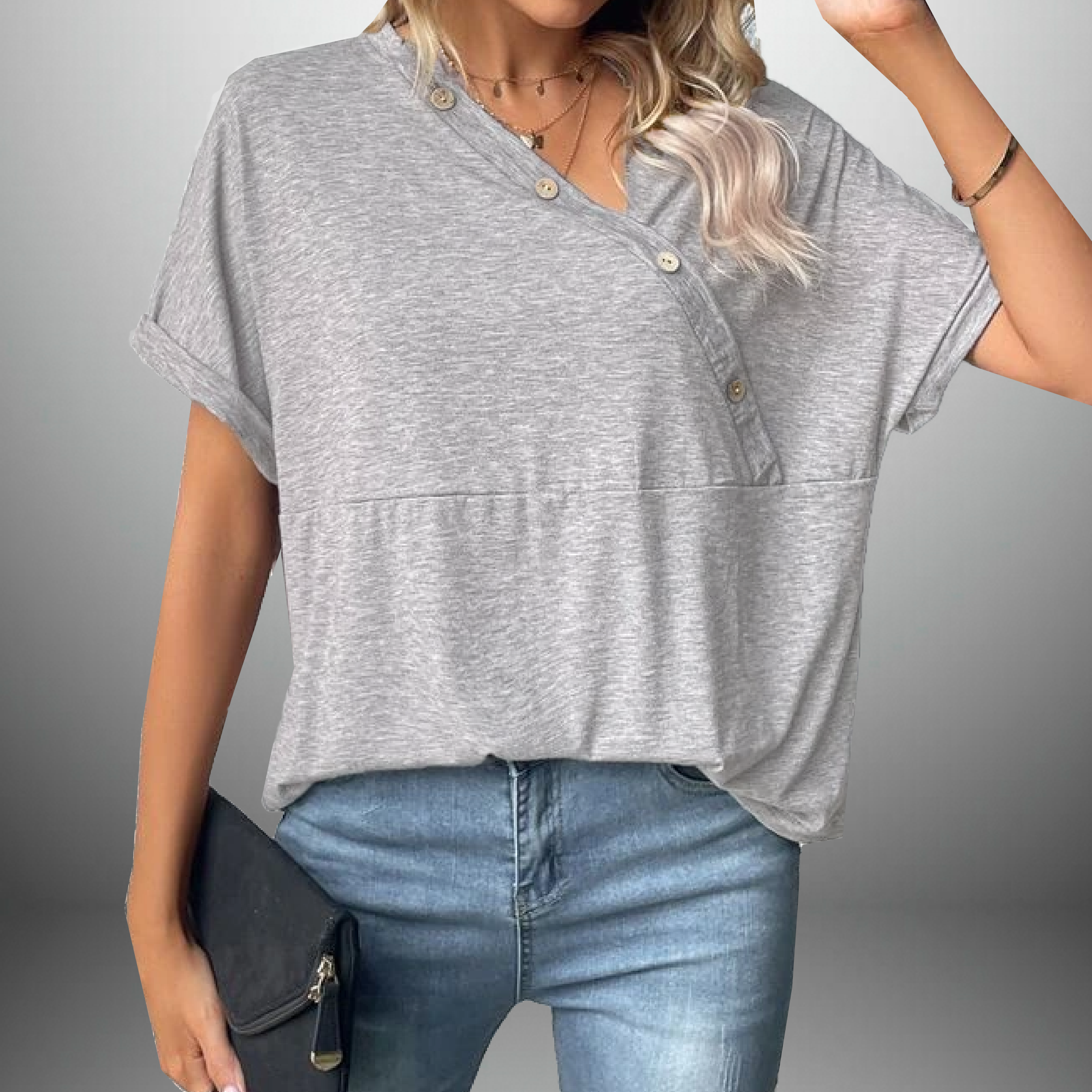 Women's Solid Grey Top With Decorative Buttons- RKTW007