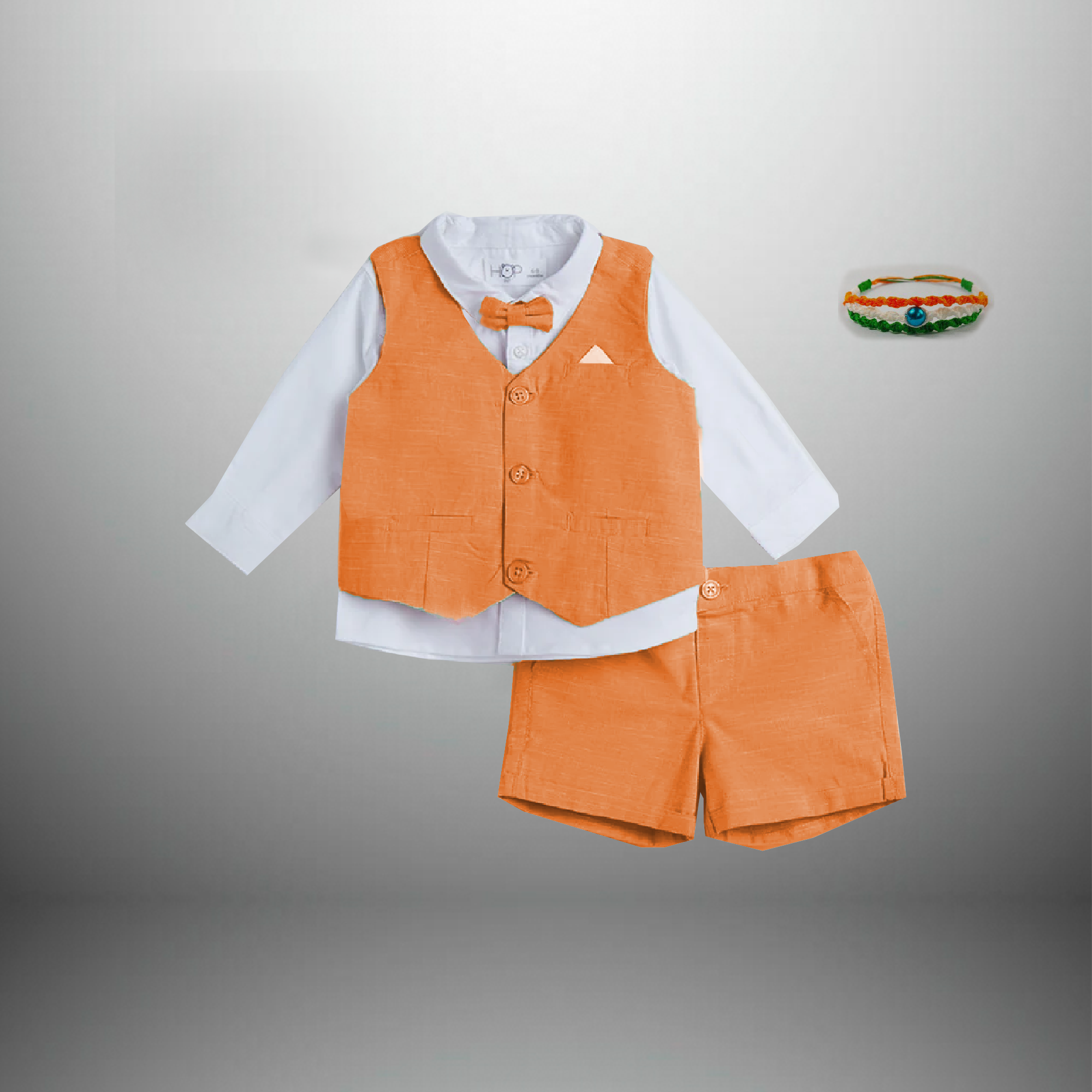 Boy's Khadi blend 3 piece set of a shorts, Shirt and a waistcoat  with a bow-RKFCW428