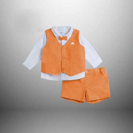 Boy’s Khadi blend 3 piece set of a shorts, Shirt and a waistcoat  with a bow-RKFCW428