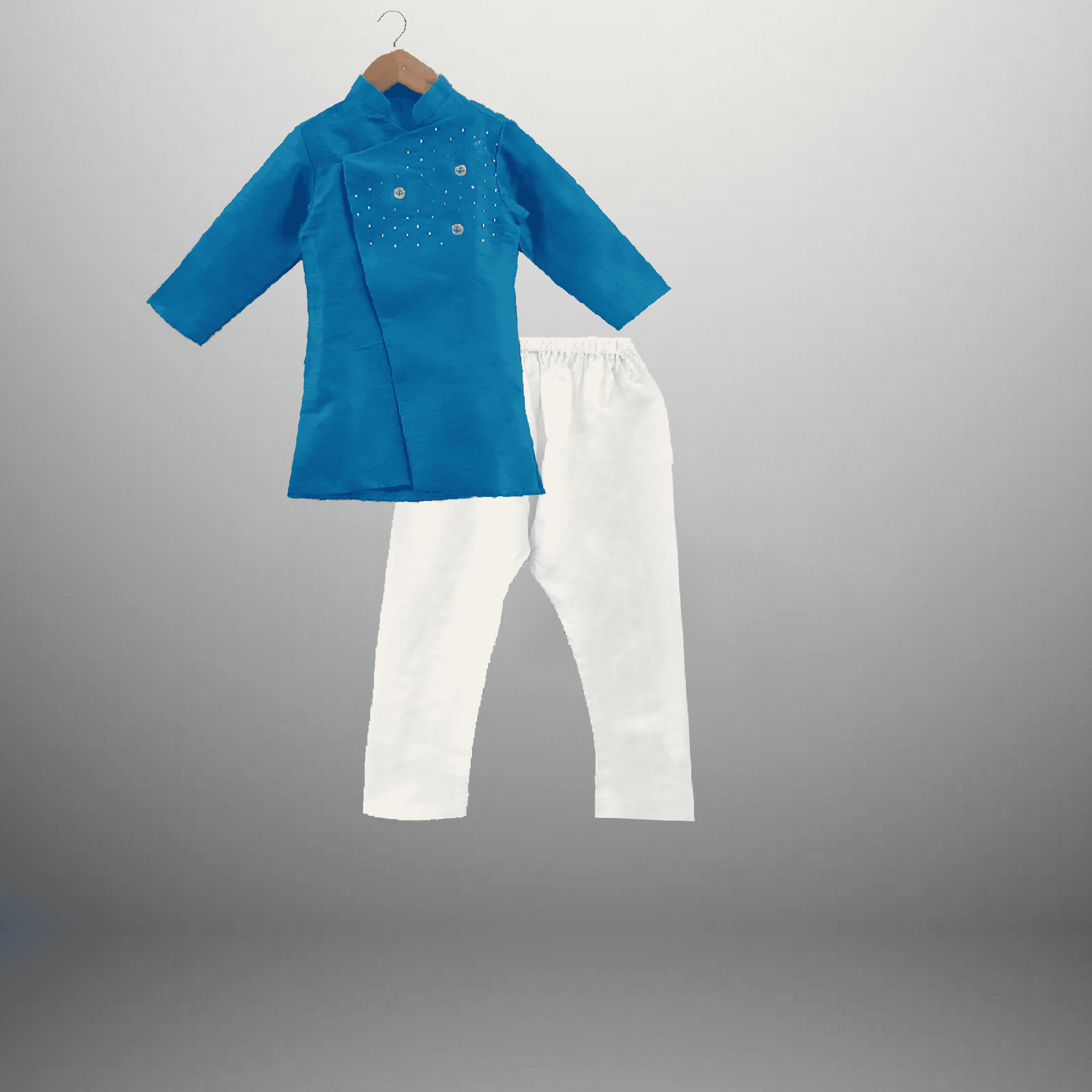 Boy's blue kurta and white pyjama set with beautiful kundhan work embellishment-RKFCW448