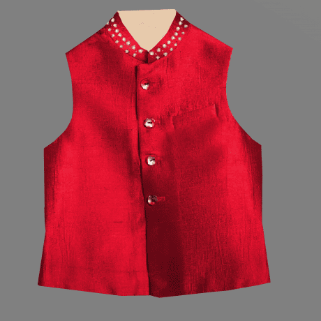 Boy’s casual red color button down waistcoat with kundhan embellishment-RKFCW449
