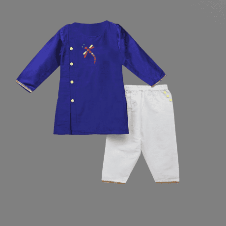 Boy’s blue kurta and white pyjama with button embellished motif-RKFCW455