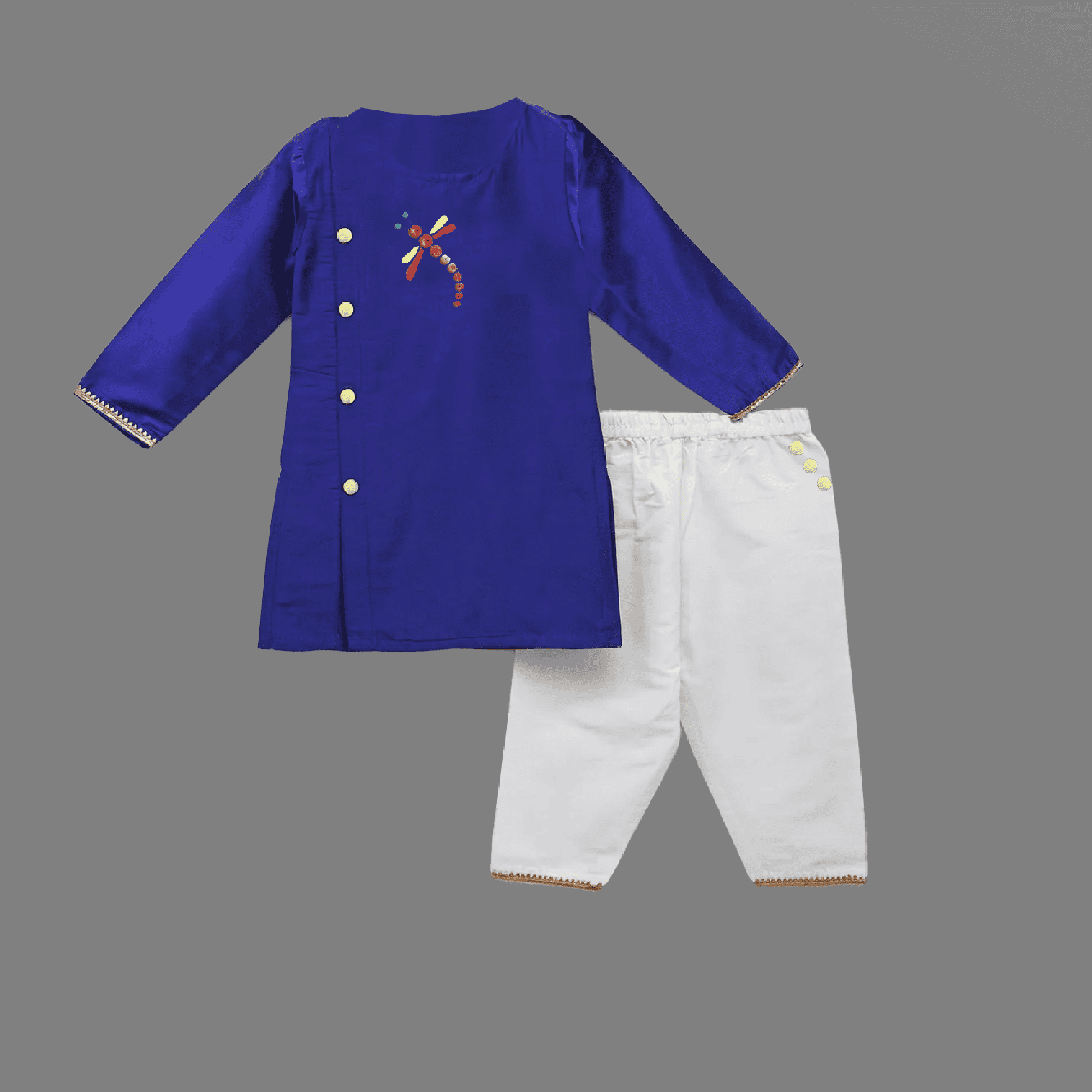 Boy's blue kurta and white pyjama with button embellished motif-RKFCW455