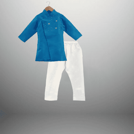 Combo of Blue and Yellow Lehenga-Choli  and Blue and Off-white kurta-pajama for kids-RKCS009