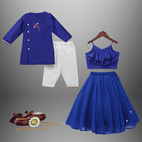 Kids combo designs of Royal blue sleeveless lehenga-top and kurta set-RKCS002