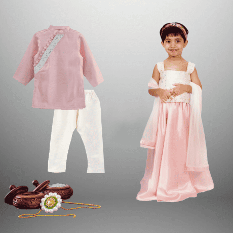Kids combo designs of light Pink lehenga-choli and kurta  set for raksha bandhan-RKCS001