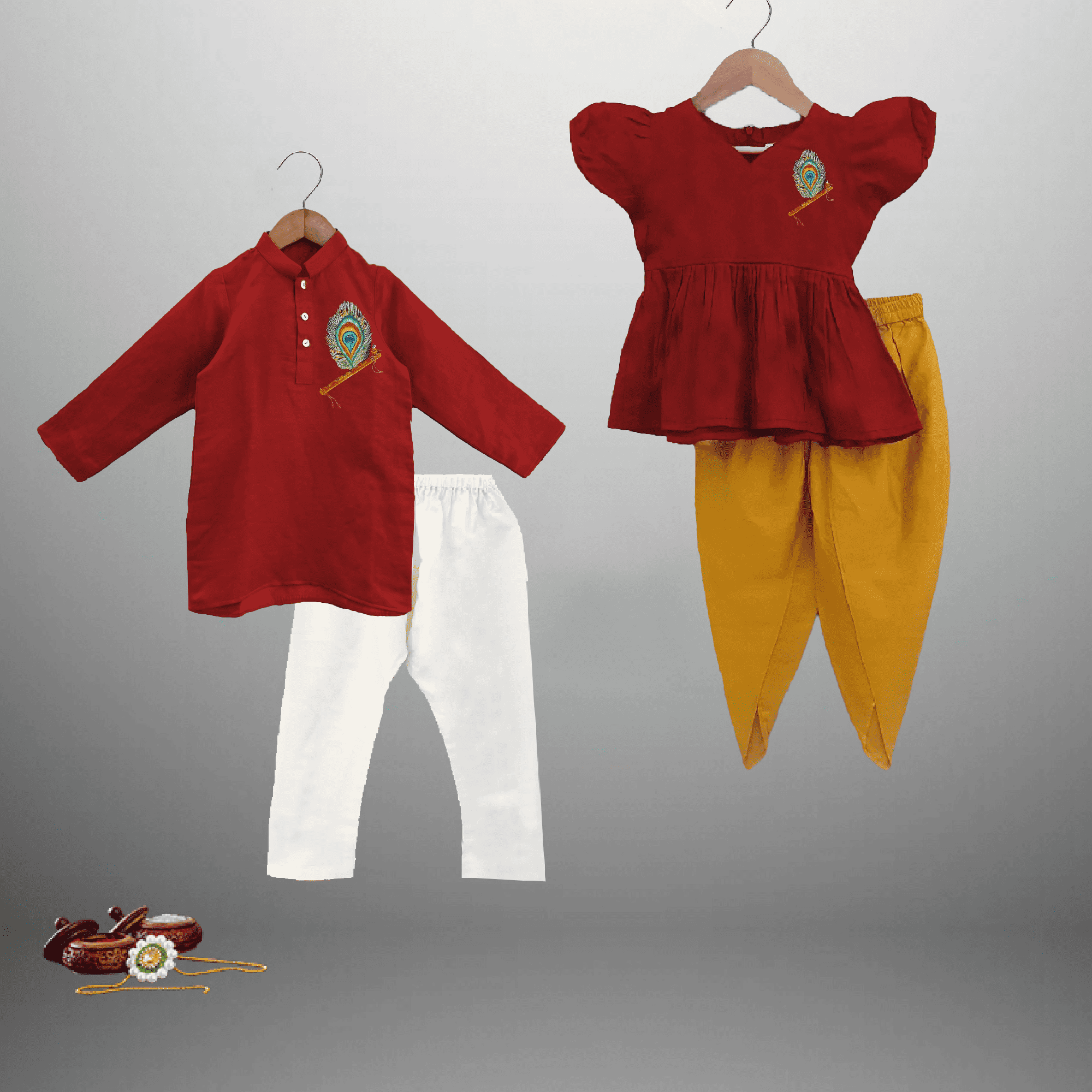 Kids combo designs of Maroon  kurti & Yellow Dhoti pant for girls and Maroon kurta and Off-white Pajama-RKCS008