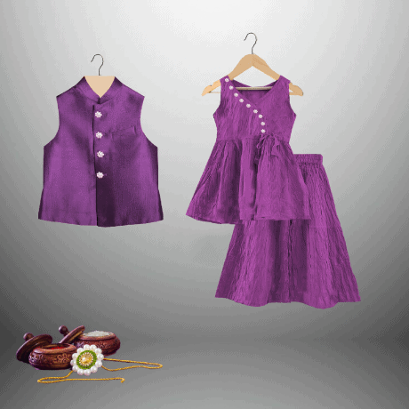 Kids combo designs of Purple sleeveless kurti & flared pallazzo for girls and waistcoat for boys-RKCS005