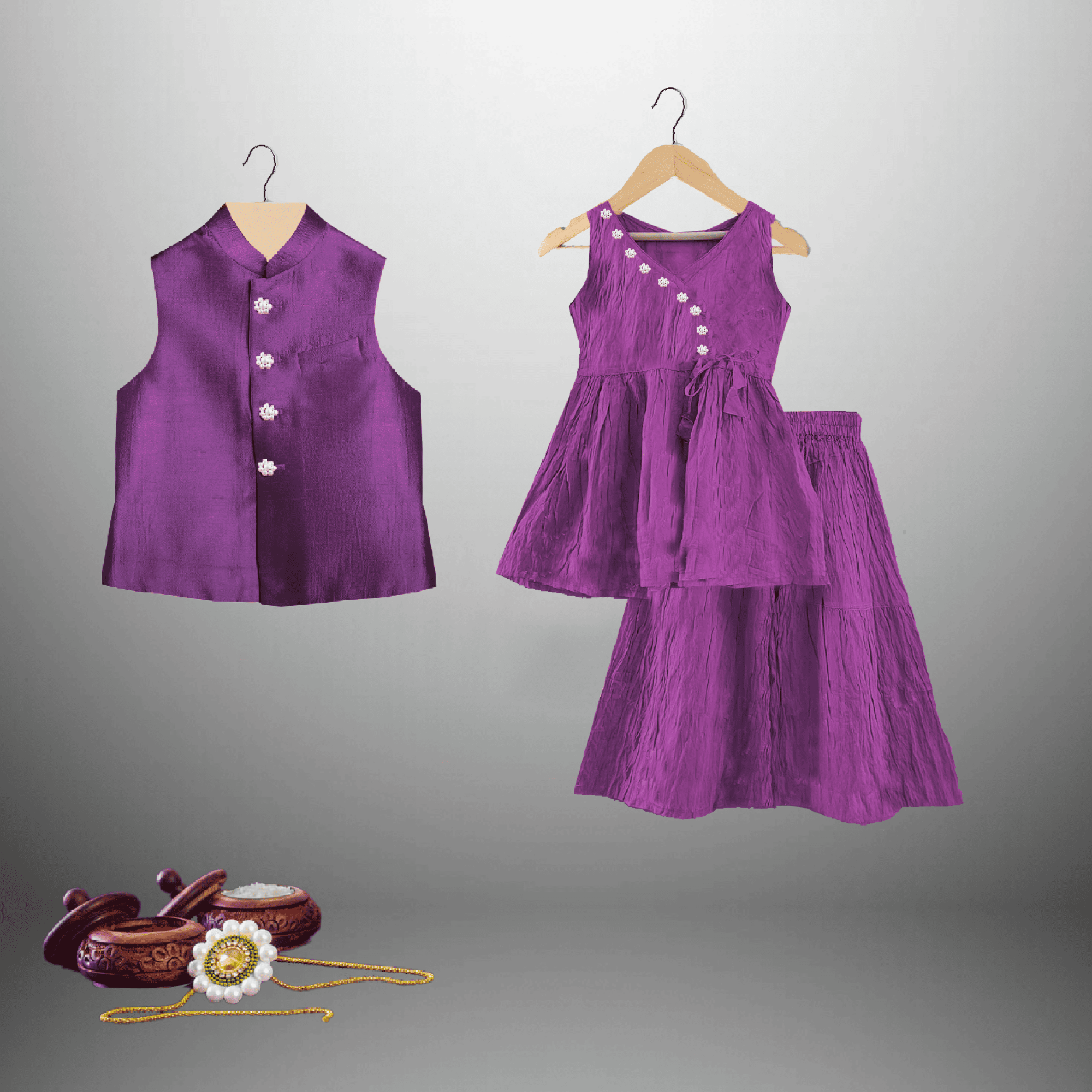 Kids combo designs of Purple sleeveless kurti & flared pallazzo for girls and waistcoat for boys-RKCS005