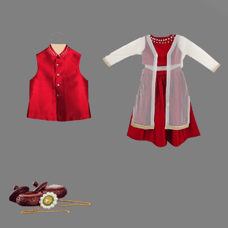 Kids combo designs of lehenga, top & transparent shrug for girls and waistcoat for boys-RKCS006