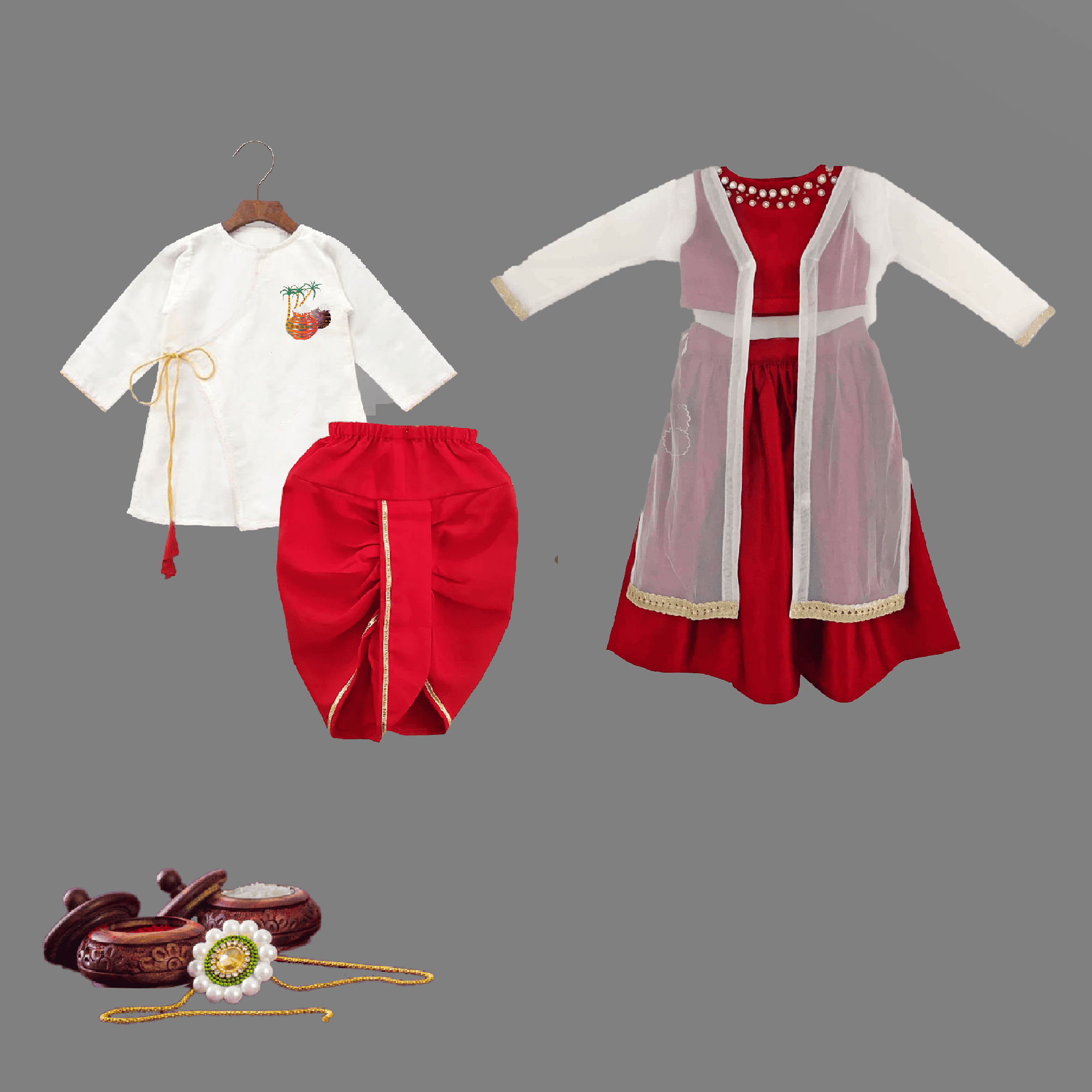Kids combo designs of lehenga, top & transparent shrug for girls and kurta set for boys-RKCS007