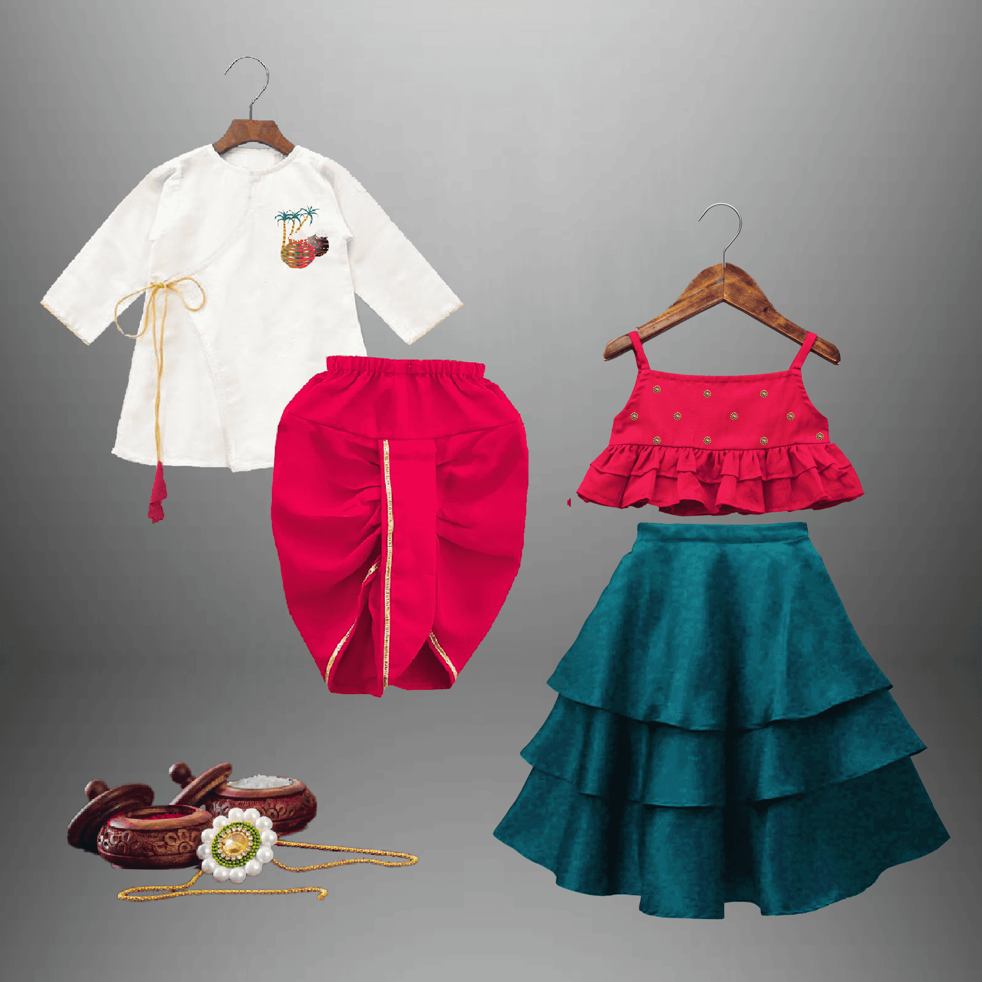 Kids combo designs of Red sleeveless frilled top & flared lehenga for girls and kurta Dhoti for boys-RKCS004