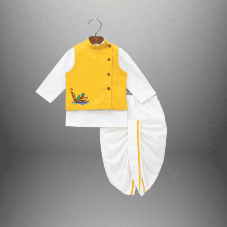 Combo of Blue and Yellow Lehenga-Choli and dhoti-kurta with waistcoat for kids-RKCS010