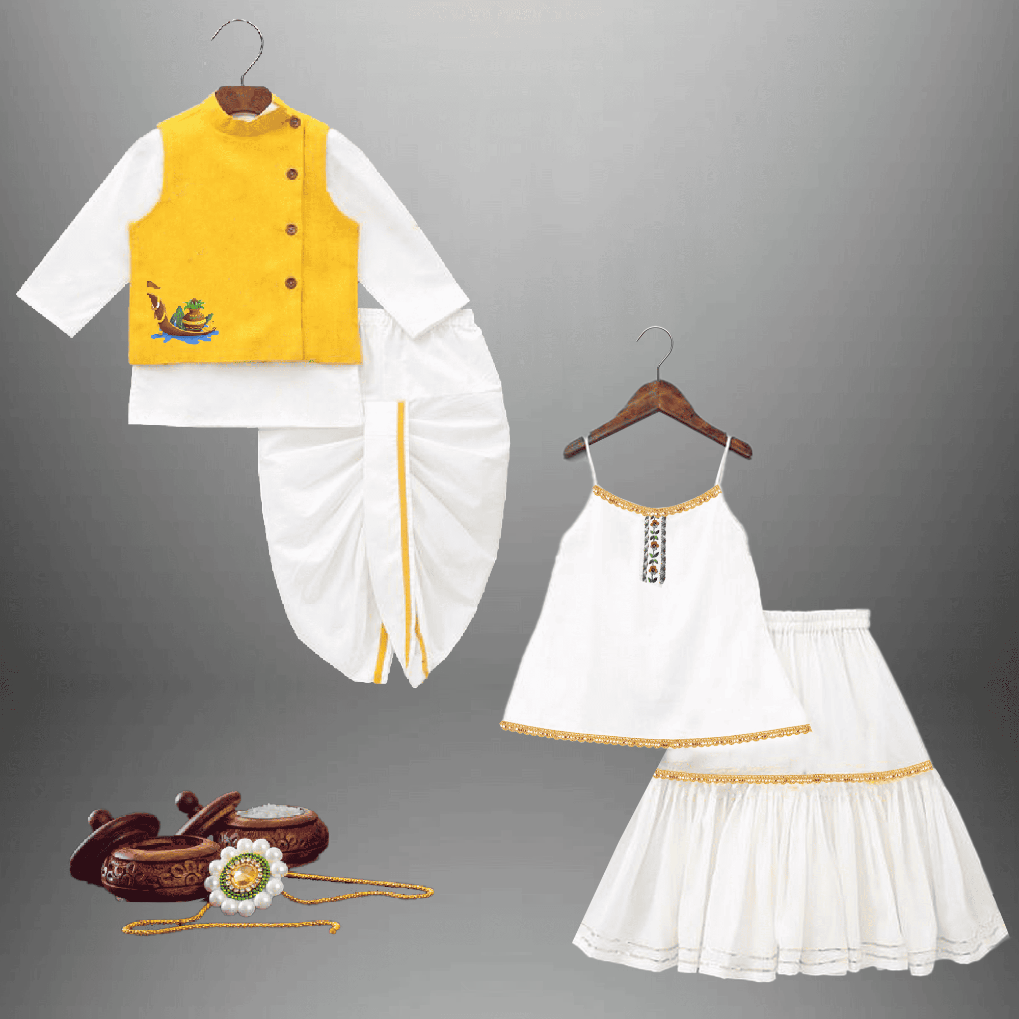 Combo of Kurti & Skirt and dhoti-kurta with waistcoat for kids-RKCS003
