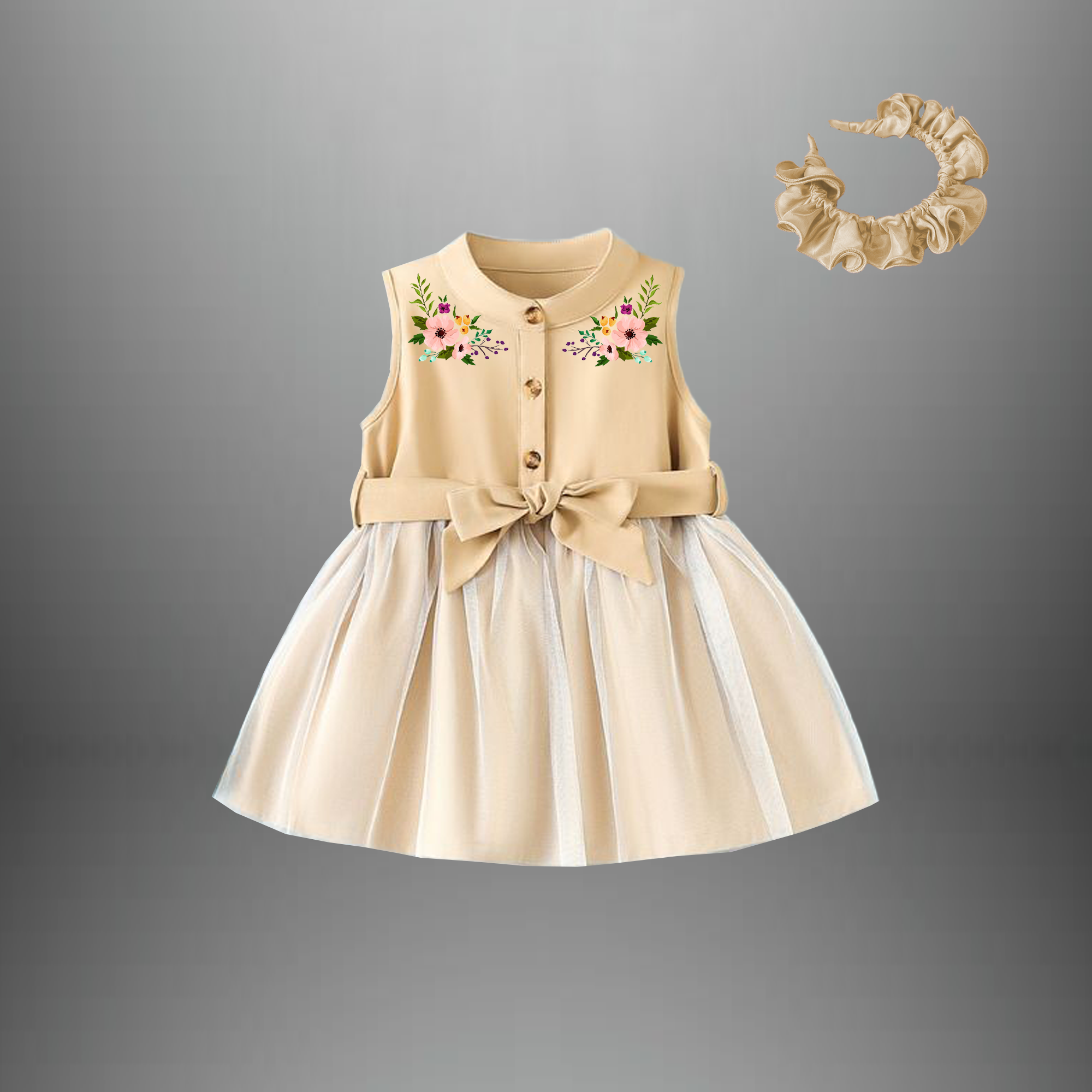 Girl's pretty  Beige  party dress with a free hairband-RKFCW423
