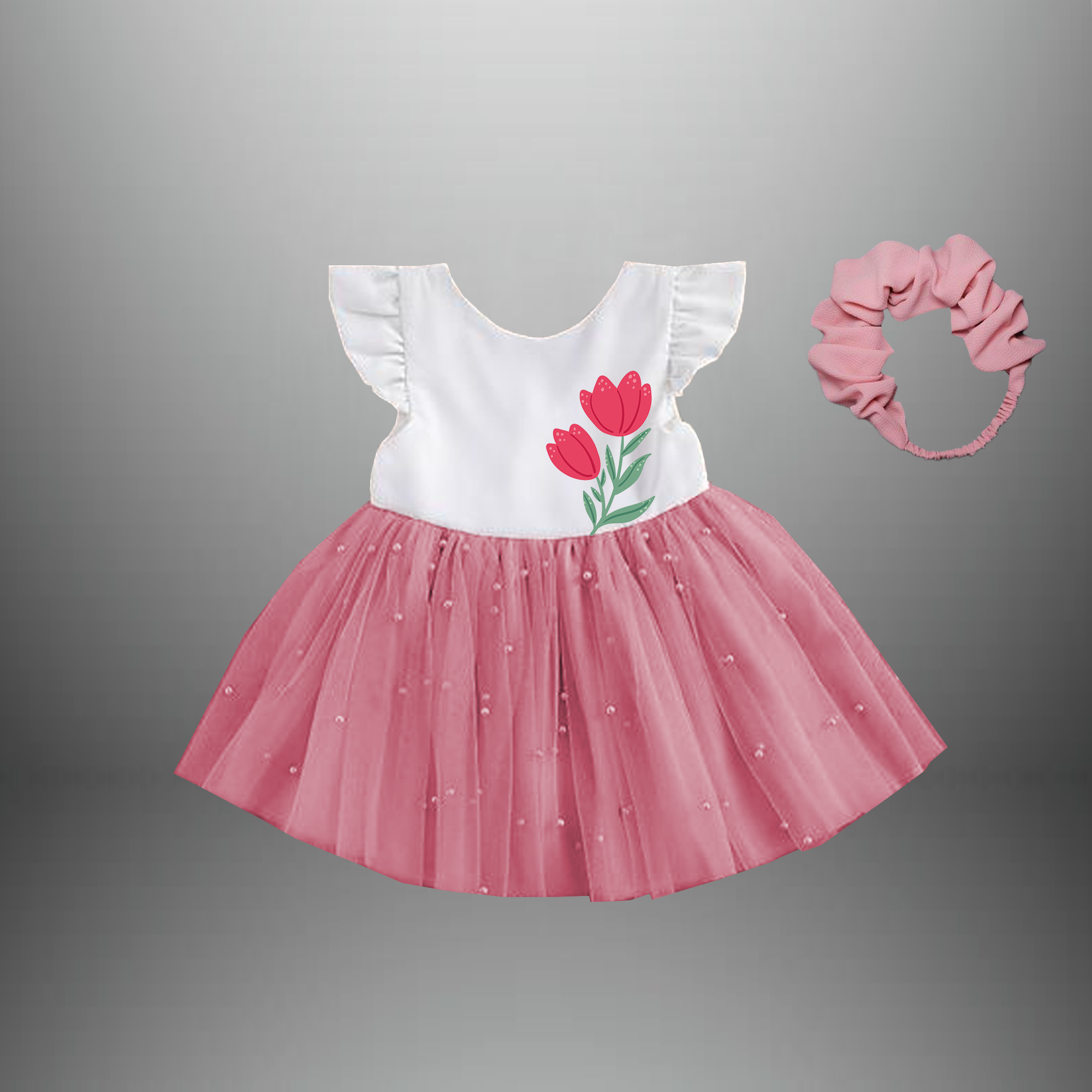 Girl's White and pink party dress with pearl embellishment and a free hairband-RKFCW424