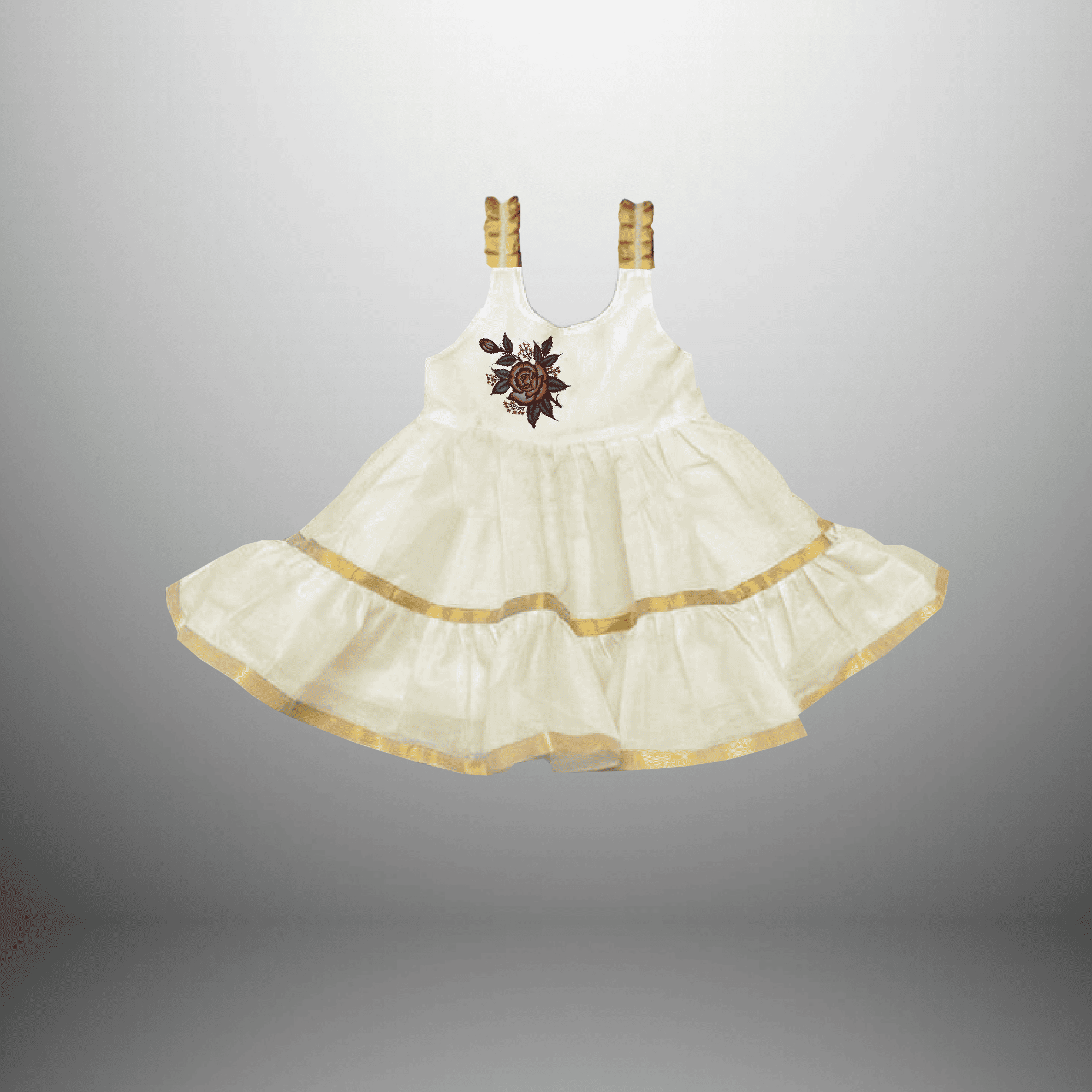 Girl's off white and golden pretty kasavu cotton dress with floral motif-RKFCW437