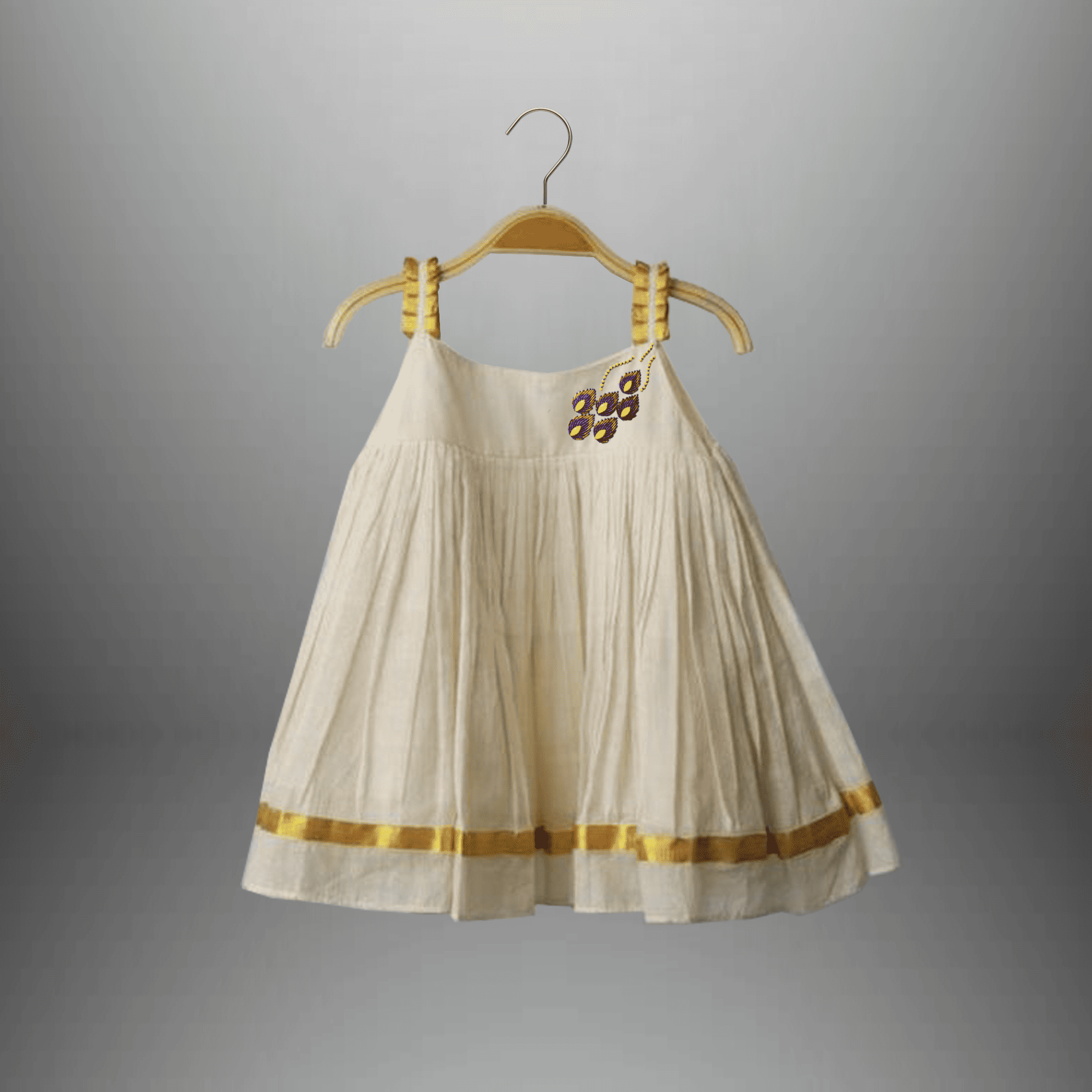 Girl's off white and golden pretty kasavu cotton dress-RKFCW436