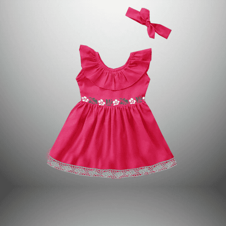 Girl’s pretty pink dress with lace work & painting-RKFCW456