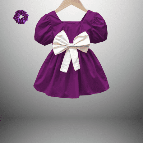 Girl’s purple satin dress with a cute bow and a free scrunchie-RKFCW457