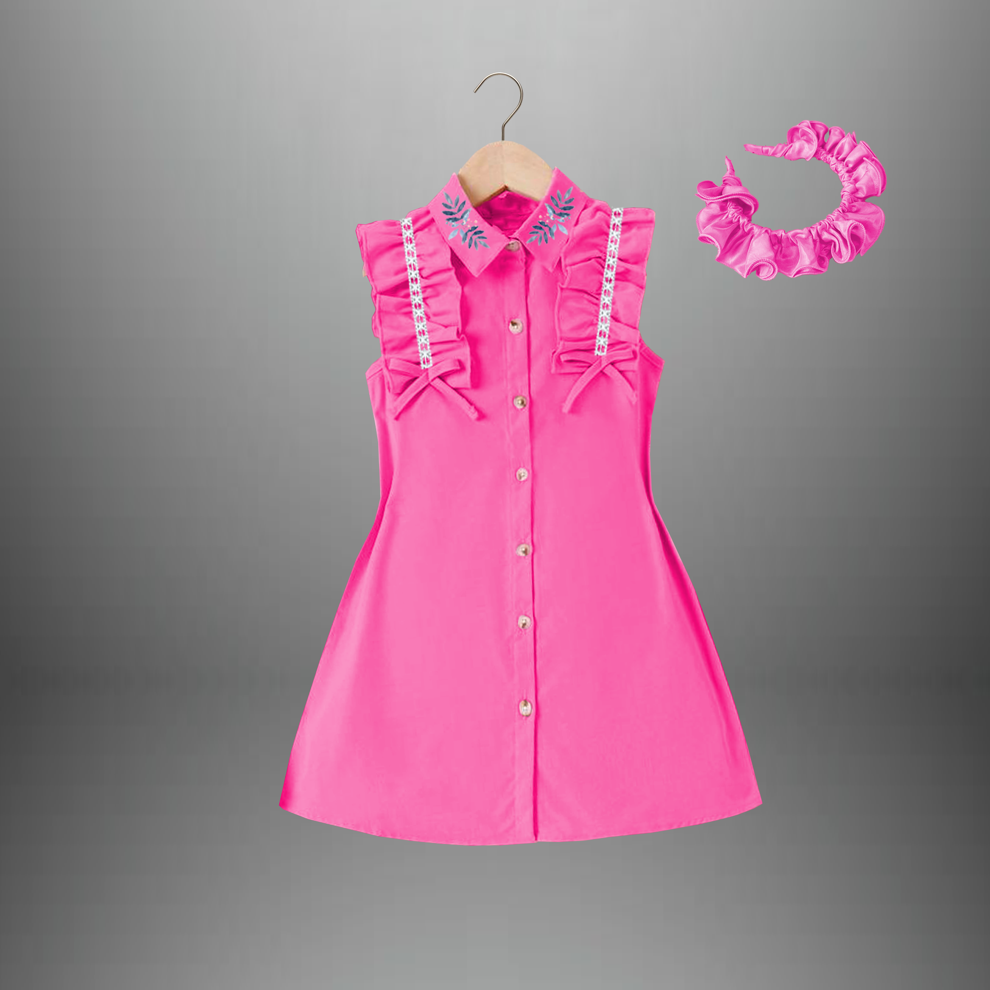 Girl's pretty pink shirt dress with frills and lace & a free hairband-RKFCW425