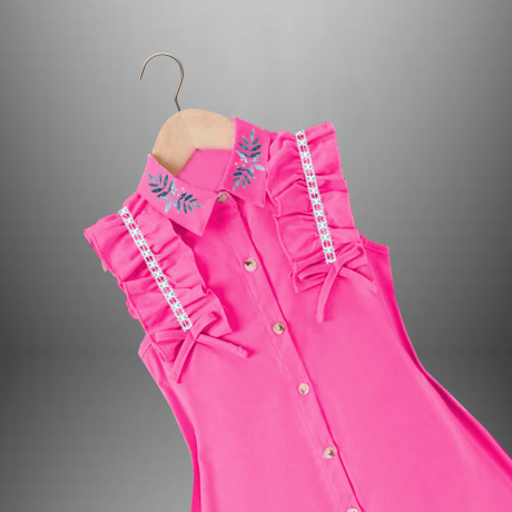 Girl’s pretty pink shirt dress with frills and lace & a free hairband-RKFCW425