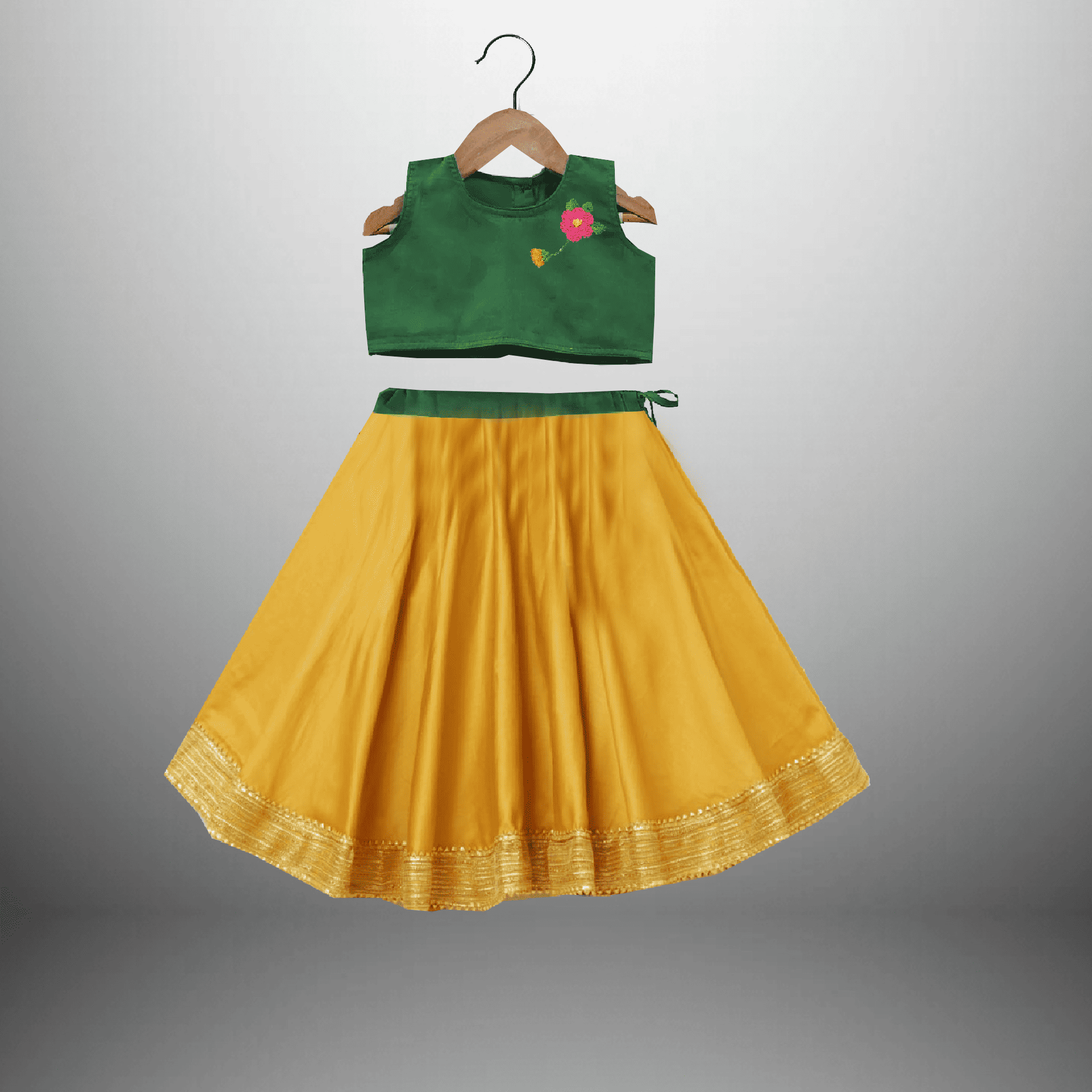 Girl's yellow lehenga skirt with green blouse-RKFCW438