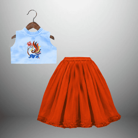 Girl’s orange lehenga skirt with blue sleeveless blouse-RKFCW442