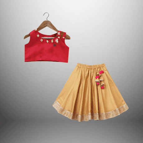 Golden beige lehenga skirt with red sleeveless blouse-RKFCW443