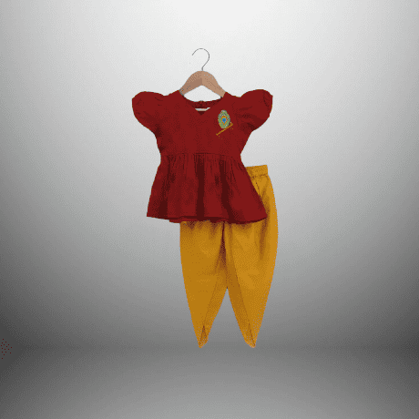 Girl’s puff sleeve maroon short kurti and yellow dhoti pant with peacock feather motif-RKFCW453