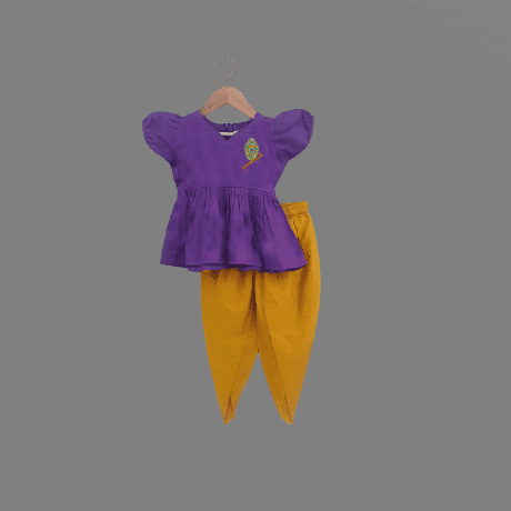 Girl’s puff sleeve purple short kurti and yellow dhoti pant with peacock feather motif-RKFCW454