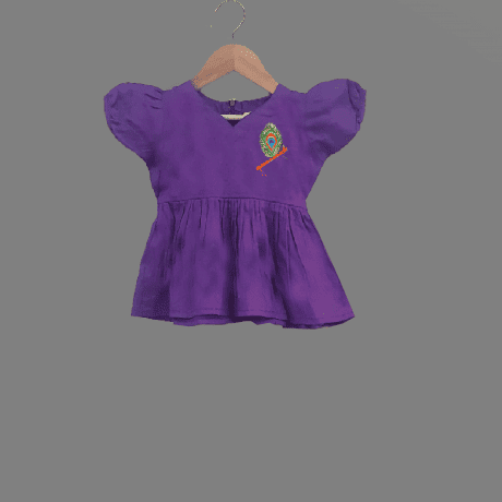 Girl’s puff sleeve purple short kurti and yellow dhoti pant with peacock feather motif-RKFCW454