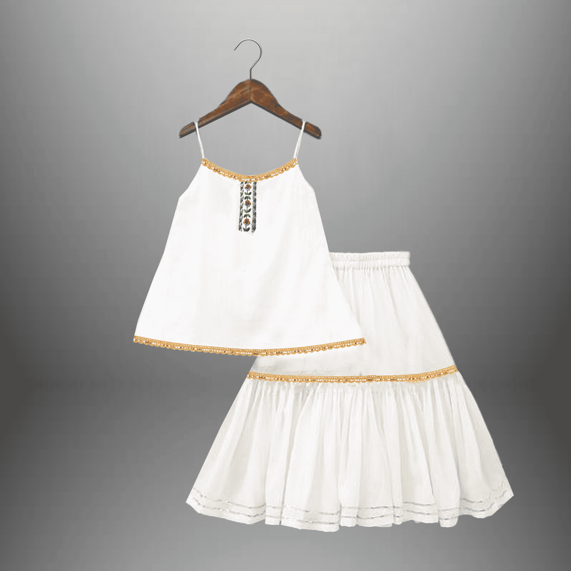 Girl's white kurti and skirt with golden border-RKFCW447