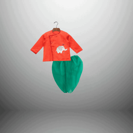 Toddler’s orange kurta with elephant applique and Light green Dhoti-RKFCTT085
