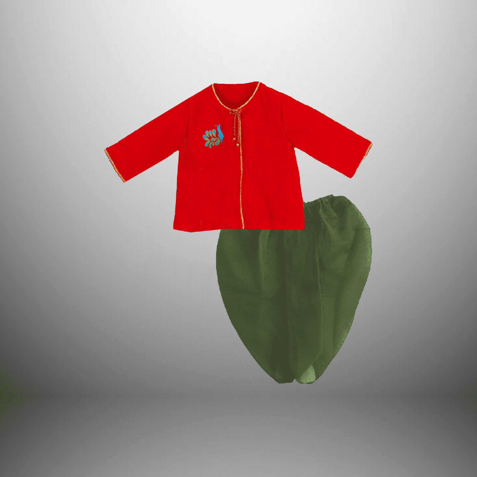 Toddler's Red kurta with peacock feather and green Dhoti-RKFCTT084