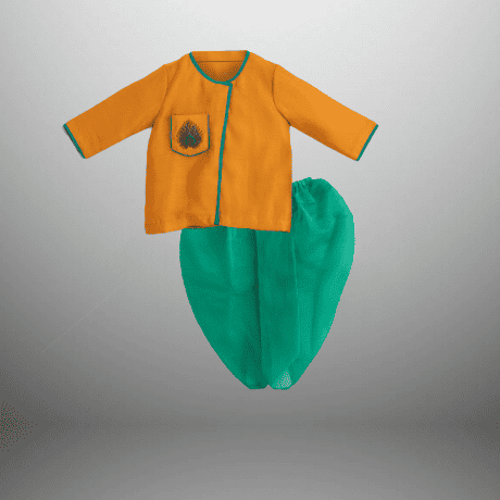 Toddler’s yellow kurta with peacock feather and Light green Dhoti-RKFCTT083