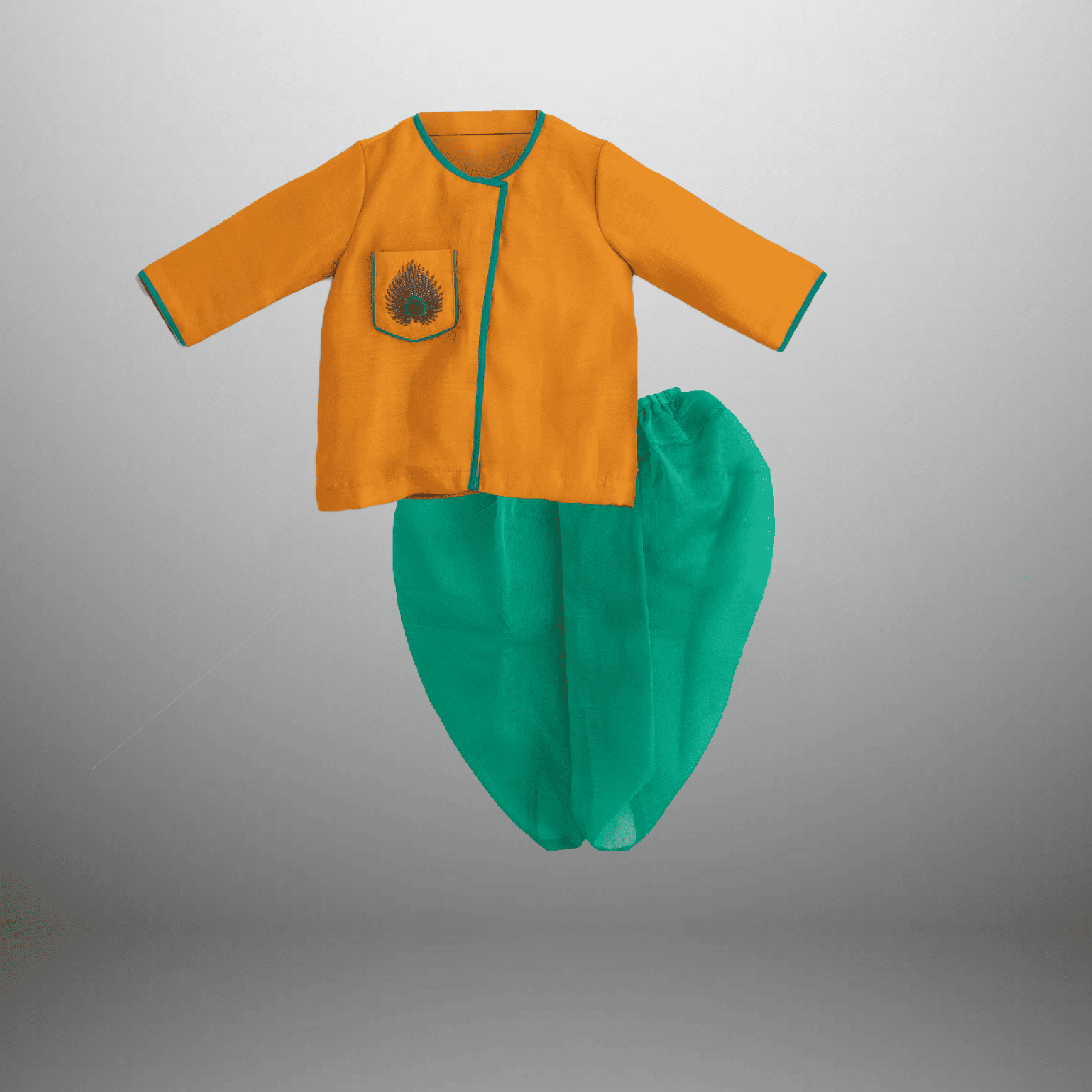Toddler's yellow kurta with peacock feather and Light green Dhoti-RKFCTT083