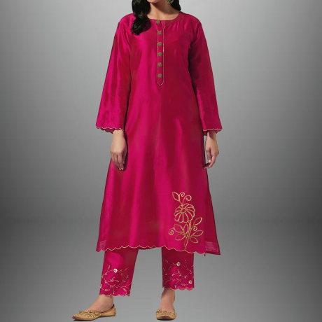 Women’s Bright pink kurti set with button embellishment and embroidery work-RWKS018