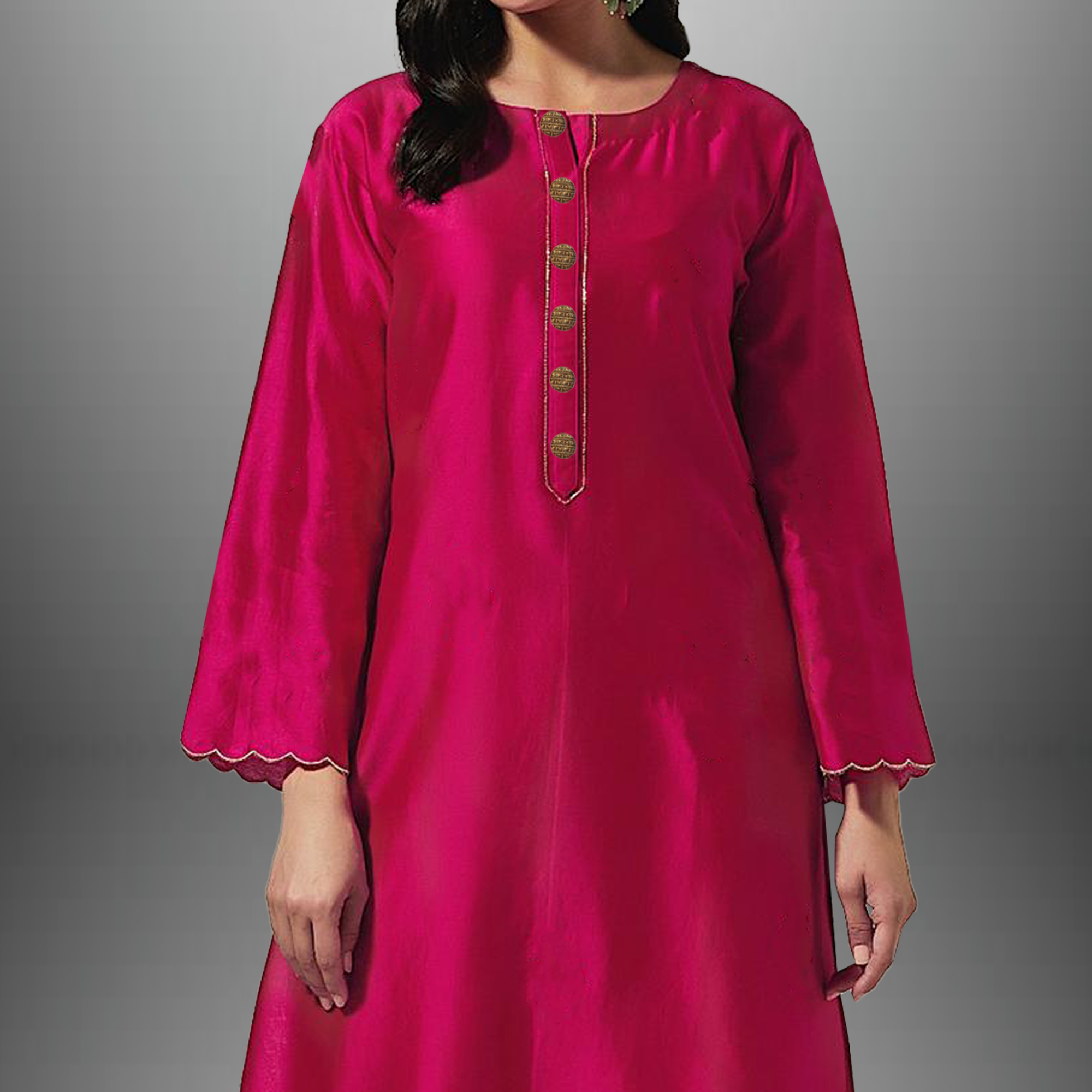 Women's Bright pink kurti set with button embellishment and embroidery work-RWKS018