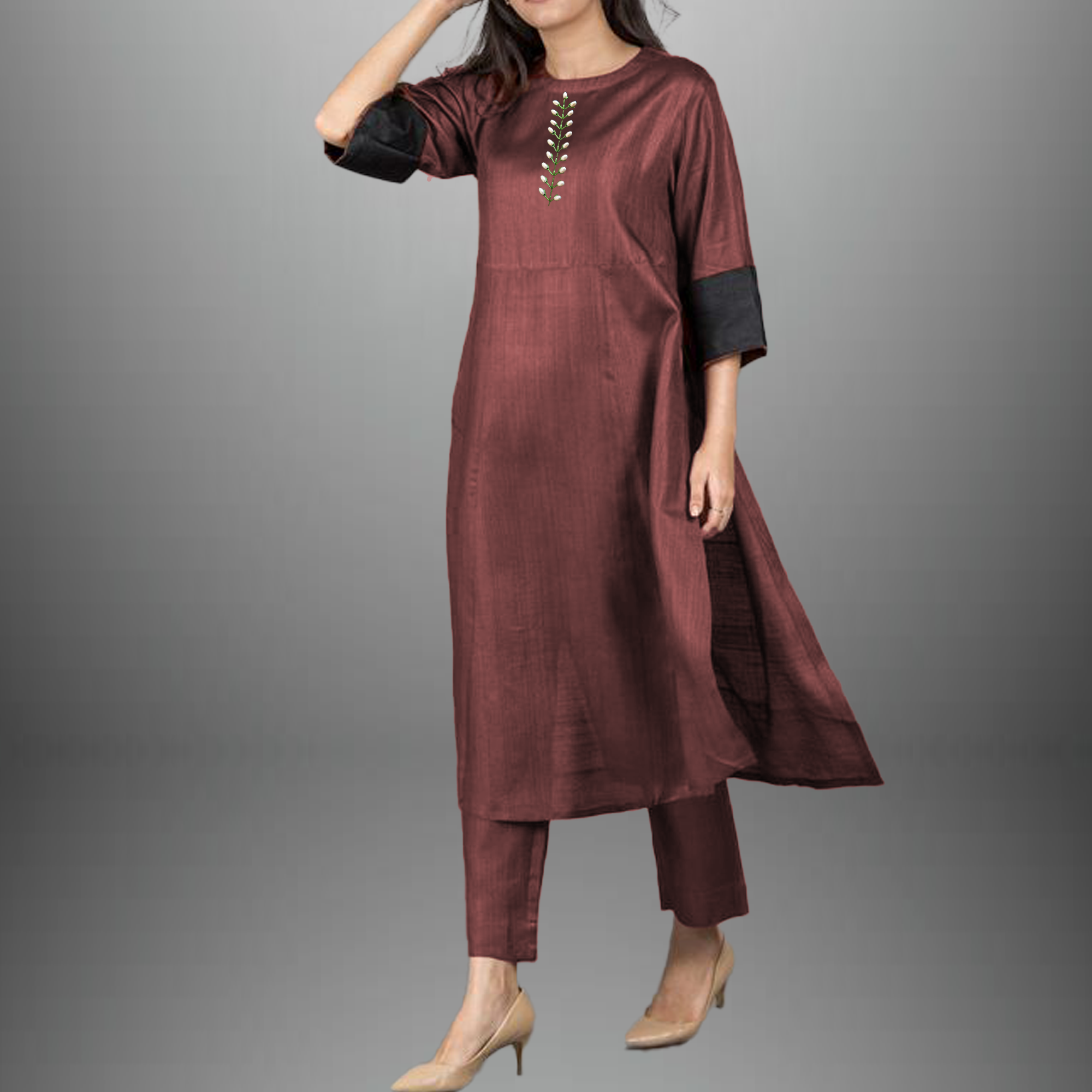 Women's Chestnut color  Cotton silk kurti set with  bead embroidery-RWKS010