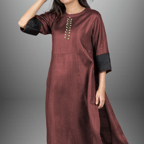 Women’s Chestnut color  Cotton silk kurti set with  bead embroidery-RWKS010