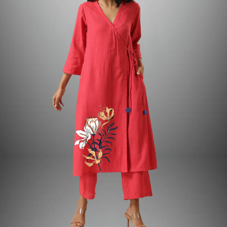 Women’s overlapped kurti with floral motif with pant-RWKS020