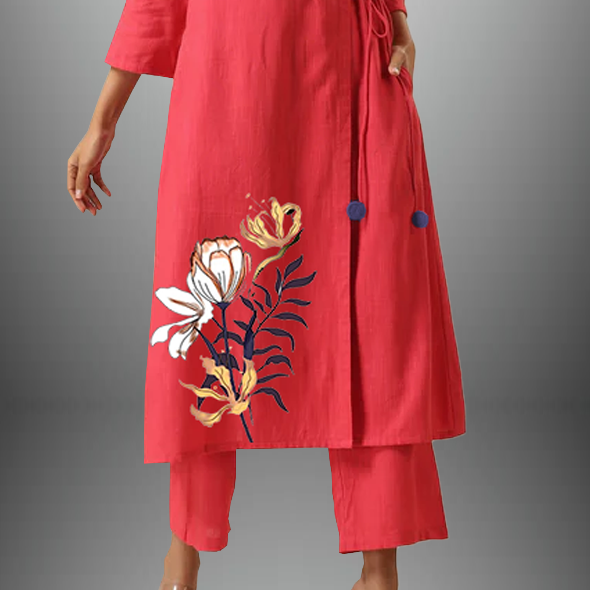 Women's overlapped kurti with floral motif with pant-RWKS020