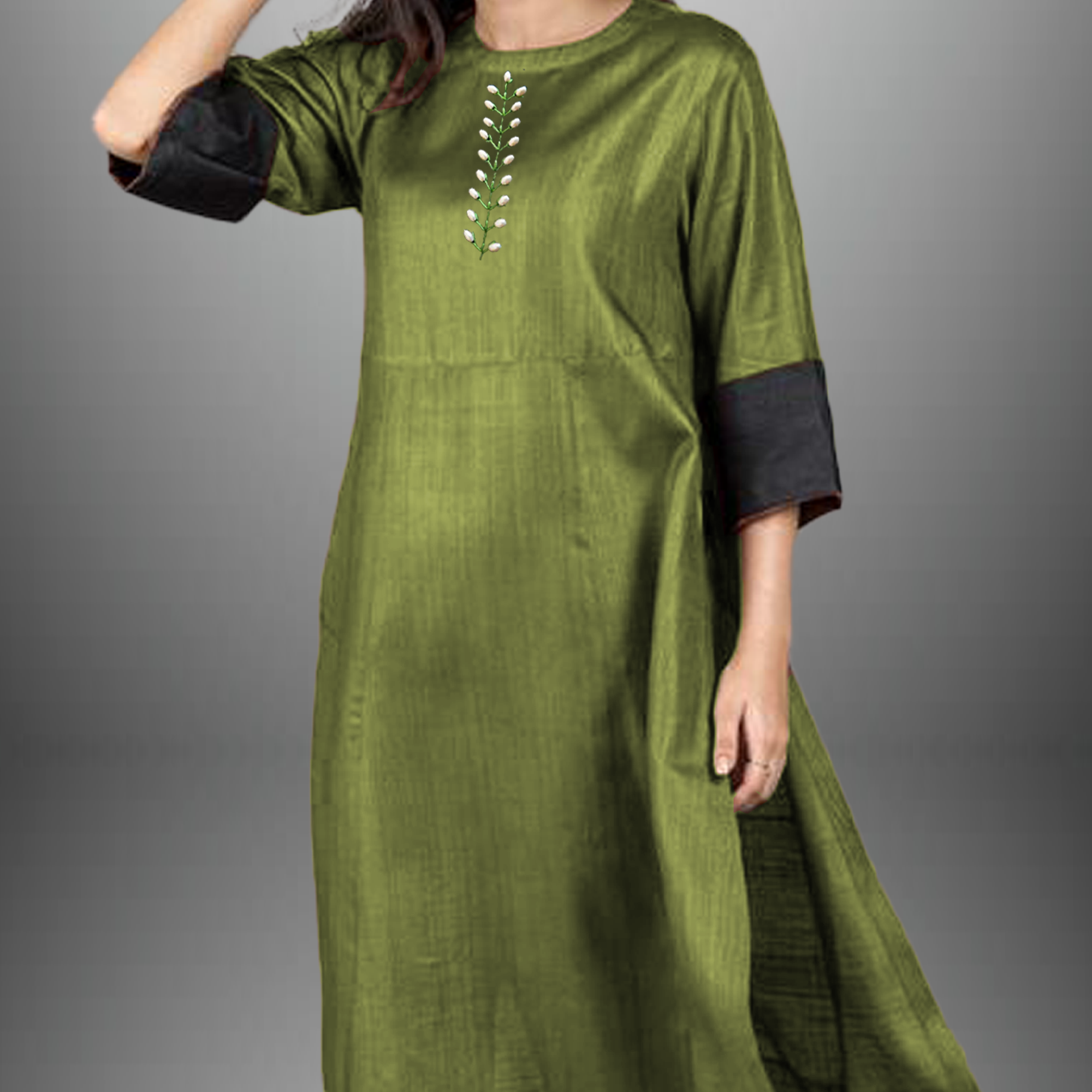 Women's Cotton silk green kurti set with bead embroidery-RWKS012