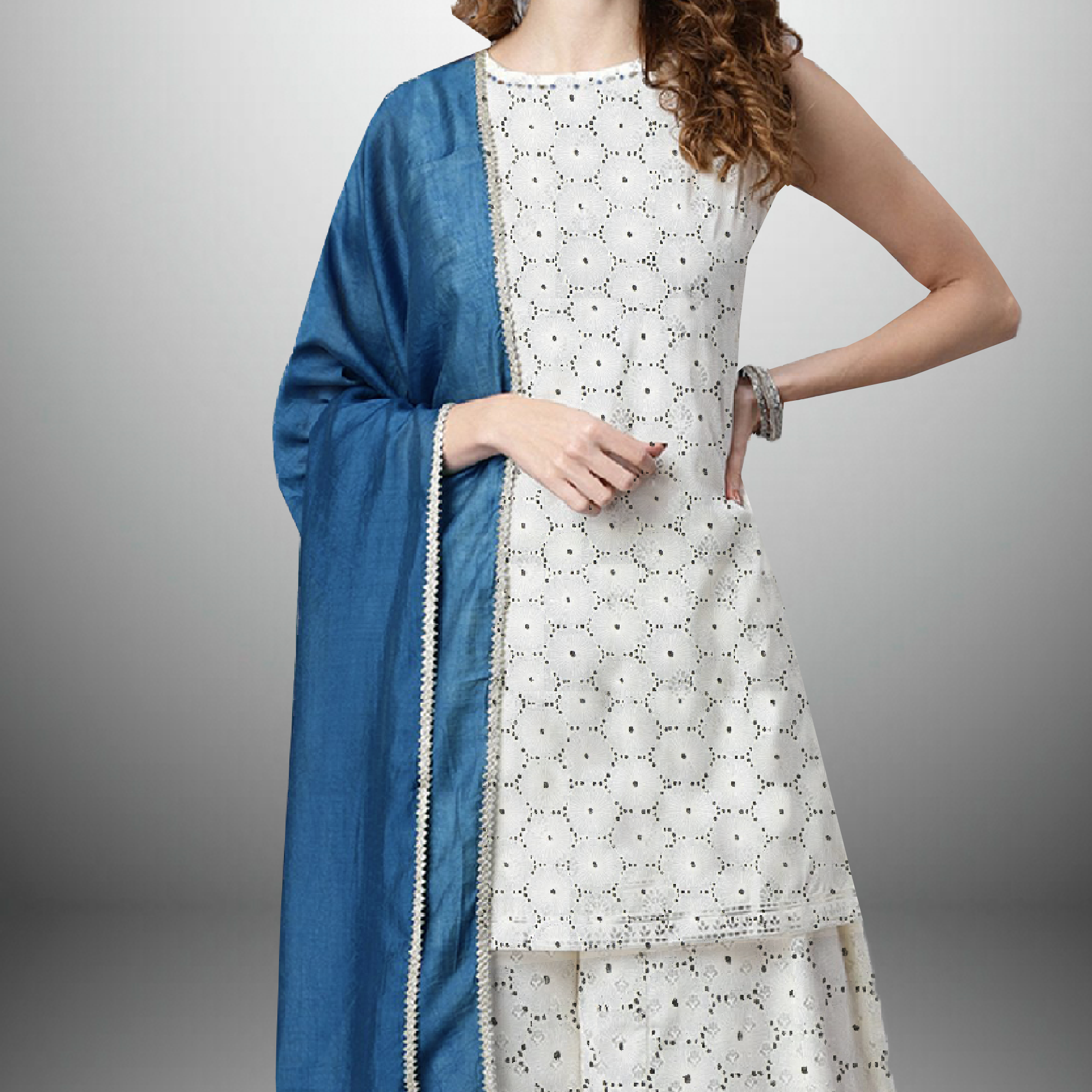 Women's hakoba kurti set with a blue dupatta with silver lace-RWKS006