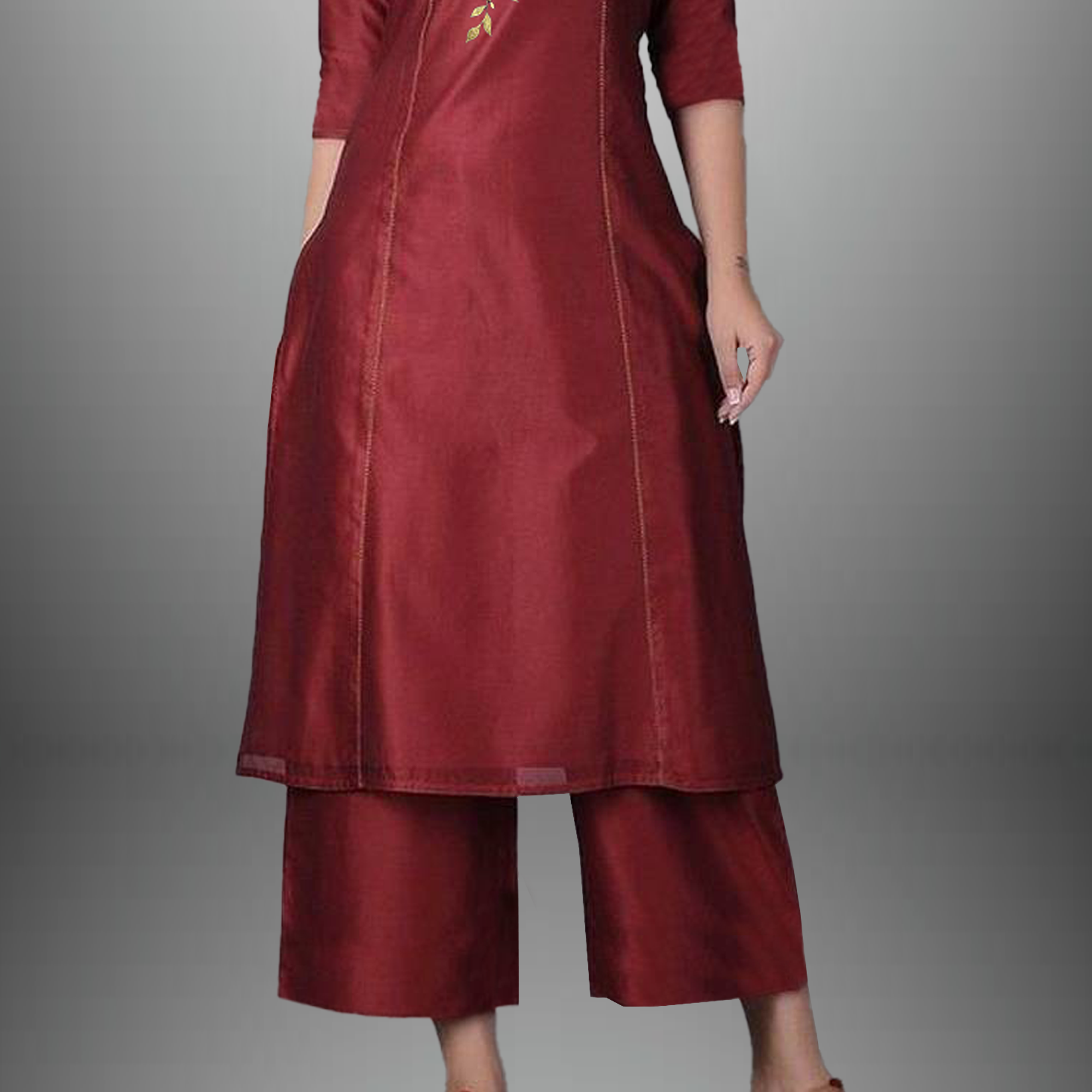 Women's Maroon straight kurti set with side embroidery-RWKS017